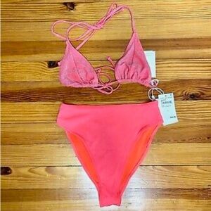Good American Fiery Coral sparkly tiny ties bikini top+highwaist btm.1 small NWT
